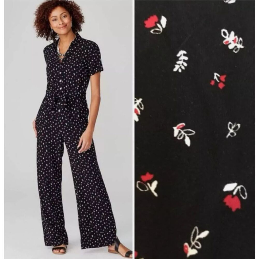J Jill Black Floral Tie Waist Wide Leg Short Sleeve Casual Flowy Jumpsuit Sz L